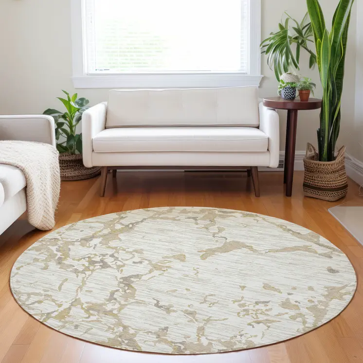 8' Ivory And Beige Round Striped Washable Indoor Outdoor Area Rug