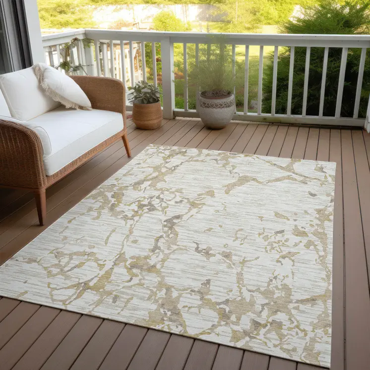 8' X 10' Ivory And Beige Striped Washable Indoor Outdoor Area Rug