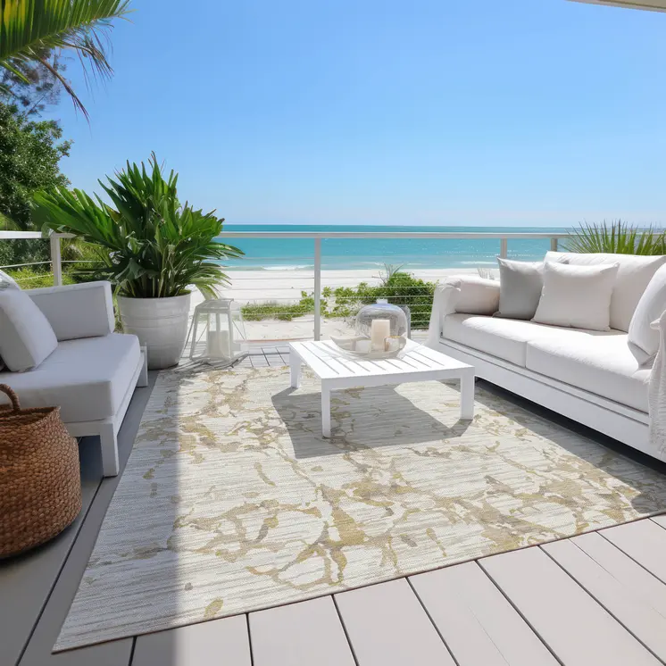 10' X 14' Ivory And Beige Striped Washable Indoor Outdoor Area Rug