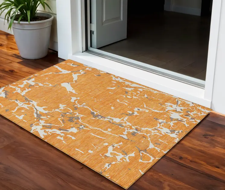 3' X 5' Orange Brown And Ivory Striped Washable Indoor Outdoor Area Rug