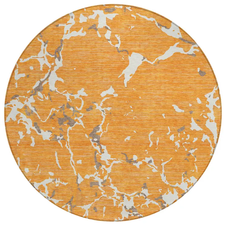 8' Orange Brown And Ivory Round Striped Washable Indoor Outdoor Area Rug