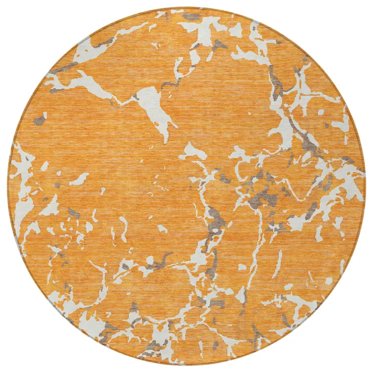 8' Orange Brown And Ivory Round Striped Washable Indoor Outdoor Area Rug