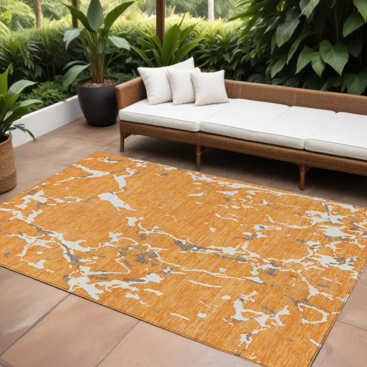 8' X 10' Orange Brown And Ivory Striped Washable Indoor Outdoor Area Rug