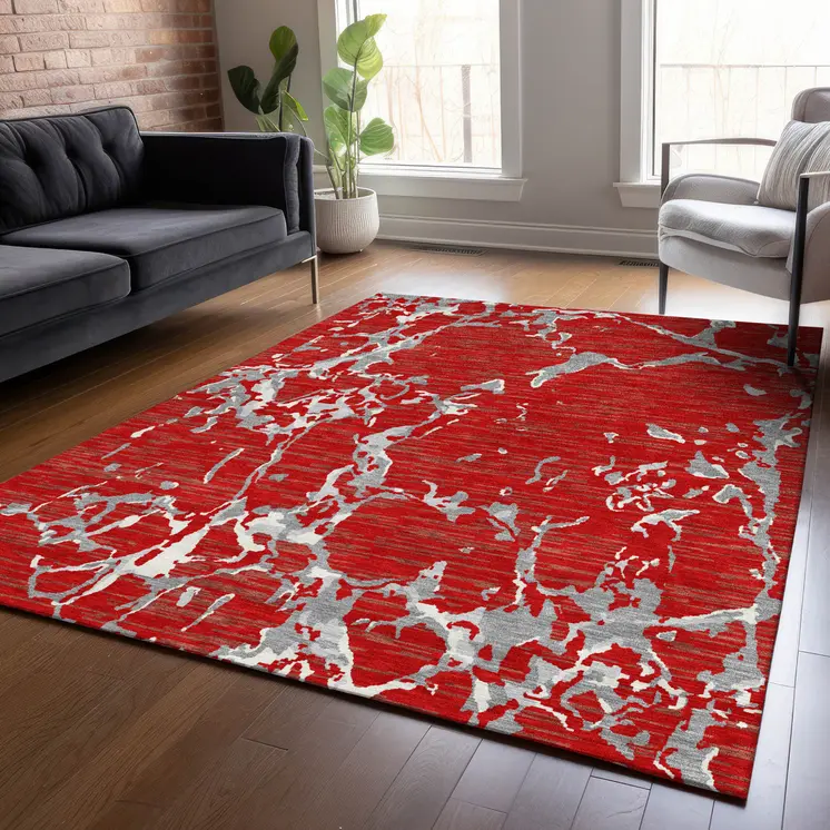 3' X 5' Red Ivory And Gray Striped Washable Indoor Outdoor Area Rug