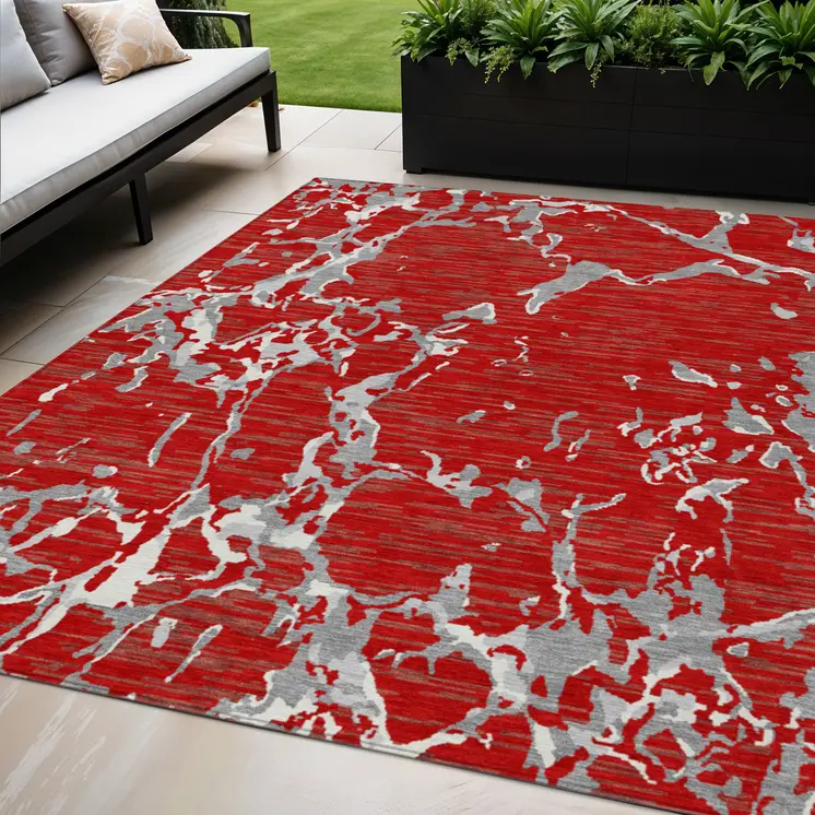 5' X 8' Red Ivory And Gray Striped Washable Indoor Outdoor Area Rug
