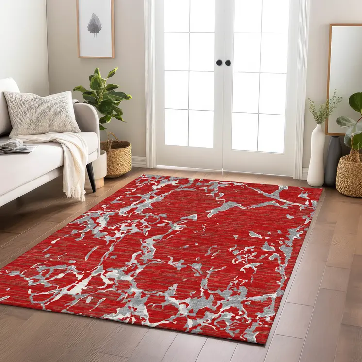 5' X 8' Red Ivory And Gray Striped Washable Indoor Outdoor Area Rug