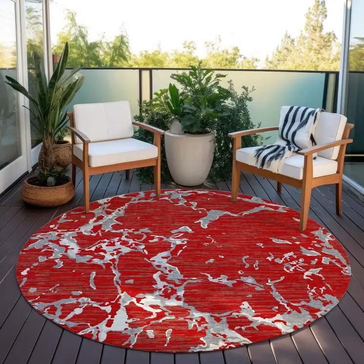 8' Red Ivory And Gray Round Striped Washable Indoor Outdoor Area Rug