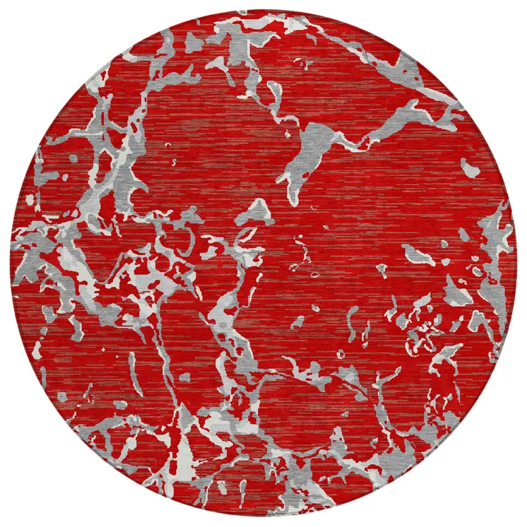 8' Red Ivory And Gray Round Striped Washable Indoor Outdoor Area Rug
