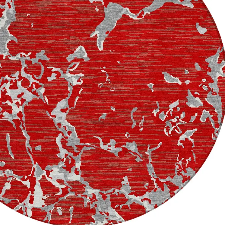 8' Red Ivory And Gray Round Striped Washable Indoor Outdoor Area Rug