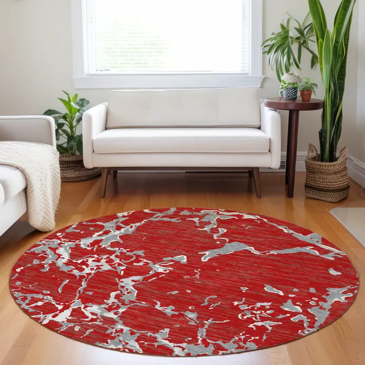 8' Red Ivory And Gray Round Striped Washable Indoor Outdoor Area Rug