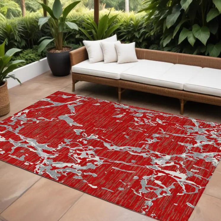 10' X 14' Red Ivory And Gray Striped Washable Indoor Outdoor Area Rug