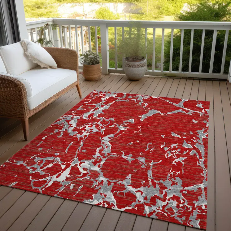 10' X 14' Red Ivory And Gray Striped Washable Indoor Outdoor Area Rug