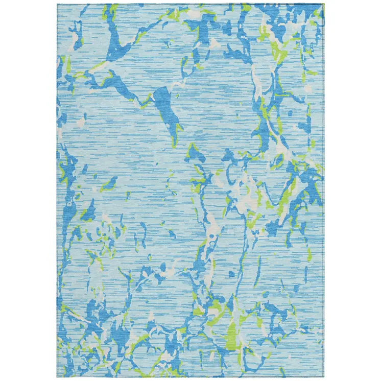 5' X 8' Sky Blue Green And Ivory Striped Washable Indoor Outdoor Area Rug