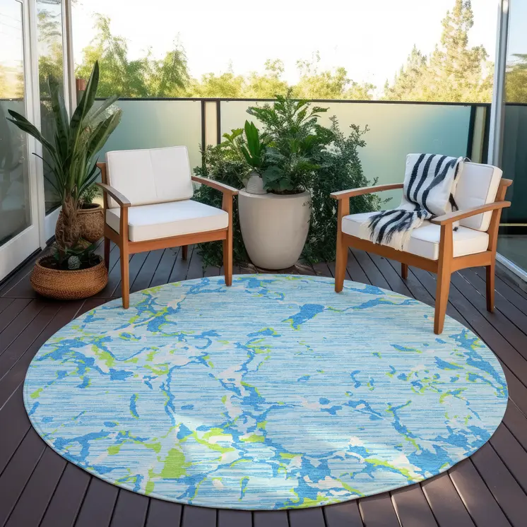 8' Sky Blue Green And Ivory Round Striped Washable Indoor Outdoor Area Rug