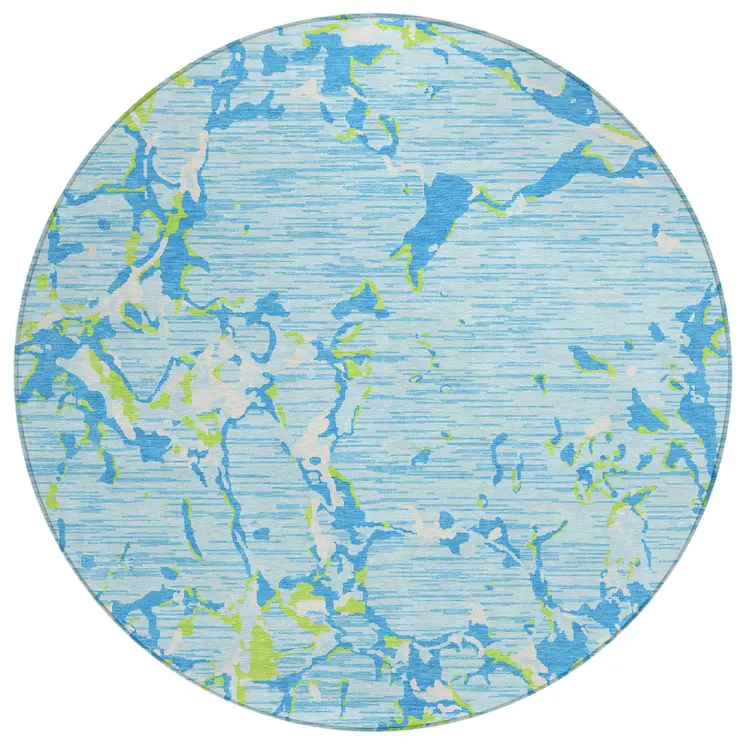 8' Sky Blue Green And Ivory Round Striped Washable Indoor Outdoor Area Rug