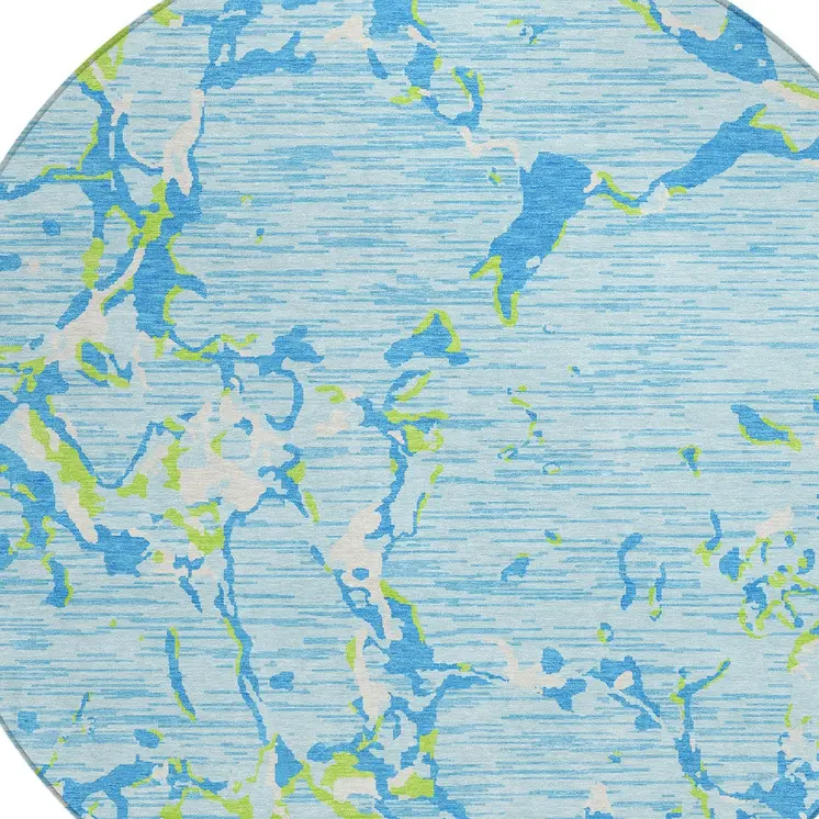 8' Sky Blue Green And Ivory Round Striped Washable Indoor Outdoor Area Rug