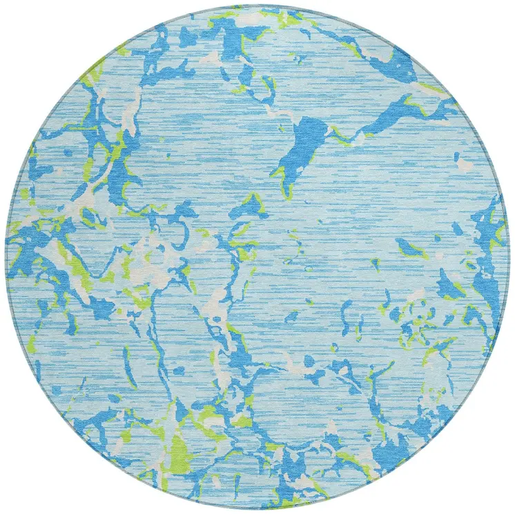 8' Sky Blue Green And Ivory Round Striped Washable Indoor Outdoor Area Rug