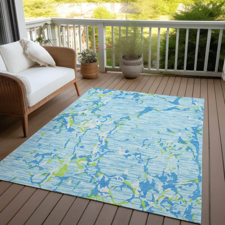 10' X 14' Sky Blue Green And Ivory Striped Washable Indoor Outdoor Area Rug