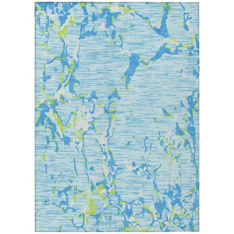 10' X 14' Sky Blue Green And Ivory Striped Washable Indoor Outdoor Area Rug