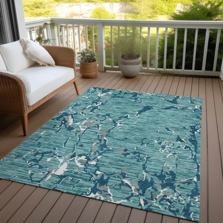 5' X 8' Teal Blue Gray And Ivory Striped Washable Indoor Outdoor Area Rug