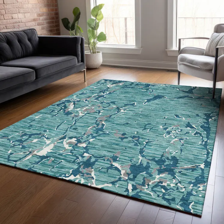 5' X 8' Teal Blue Gray And Ivory Striped Washable Indoor Outdoor Area Rug