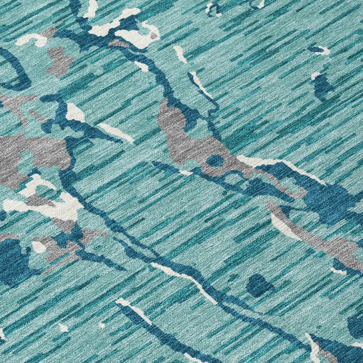 8' X 10' Teal Blue Gray And Ivory Striped Washable Indoor Outdoor Area Rug