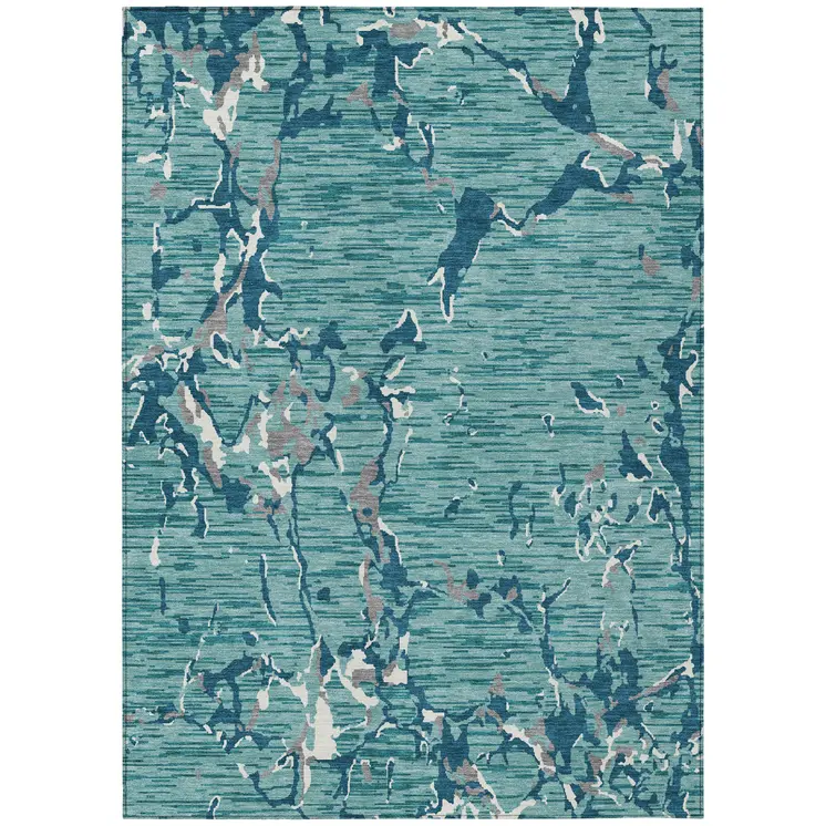 10' X 14' Teal Blue Gray And Ivory Striped Washable Indoor Outdoor Area Rug