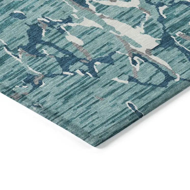 10' X 14' Teal Blue Gray And Ivory Striped Washable Indoor Outdoor Area Rug