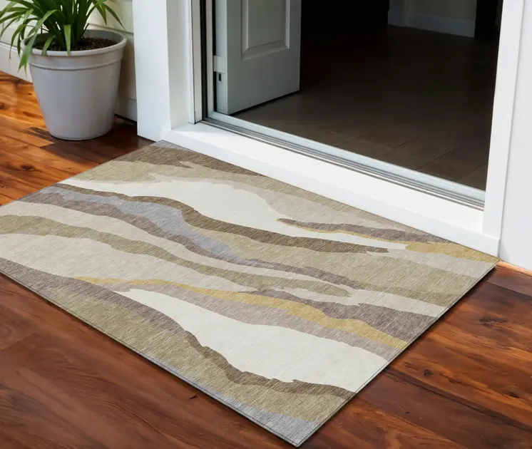 3' X 5' Beige Brown And Gray Abstract Washable Indoor Outdoor Area Rug