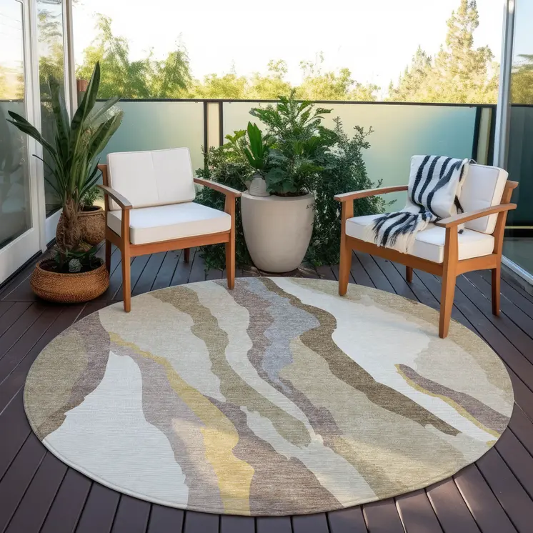8' Beige Brown And Gray Round Abstract Washable Indoor Outdoor Area Rug