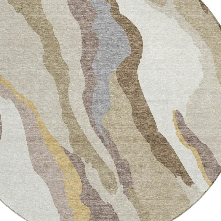 8' Beige Brown And Gray Round Abstract Washable Indoor Outdoor Area Rug