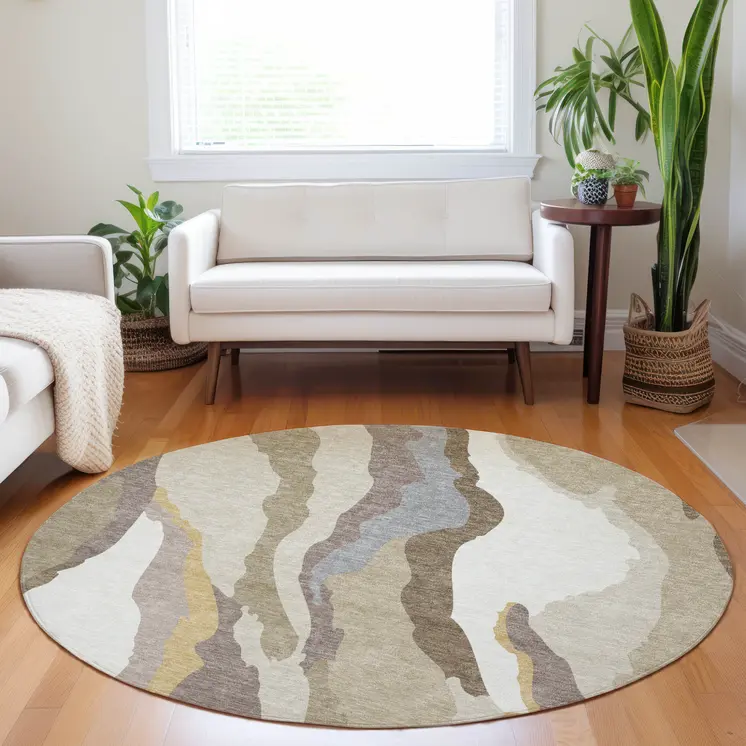 8' Beige Brown And Gray Round Abstract Washable Indoor Outdoor Area Rug