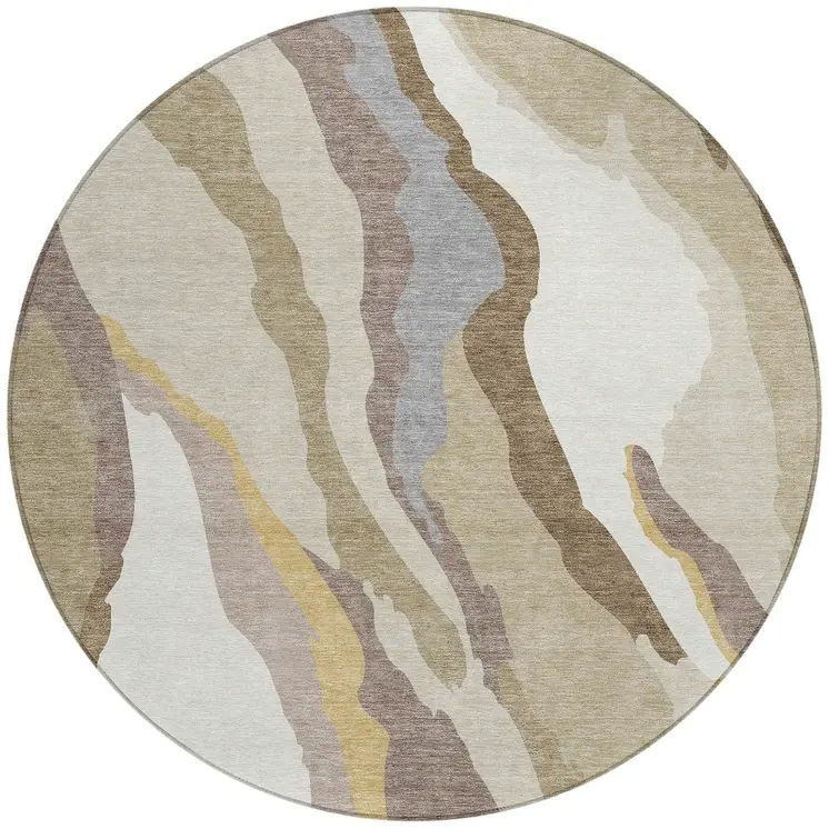 8' Beige Brown And Gray Round Abstract Washable Indoor Outdoor Area Rug