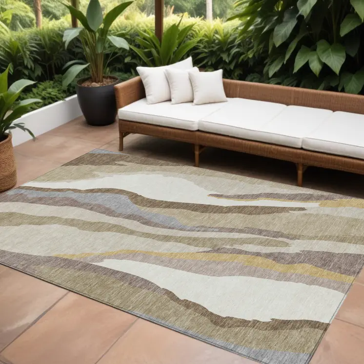 8' X 10' Beige Brown And Gray Abstract Washable Indoor Outdoor Area Rug