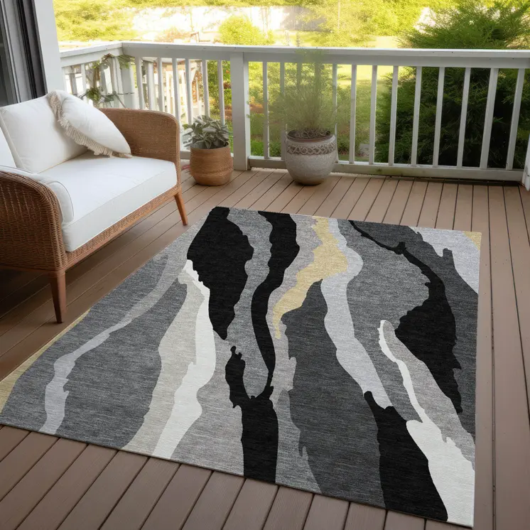 5' X 8' Black Gray And Tan Abstract Washable Indoor Outdoor Area Rug