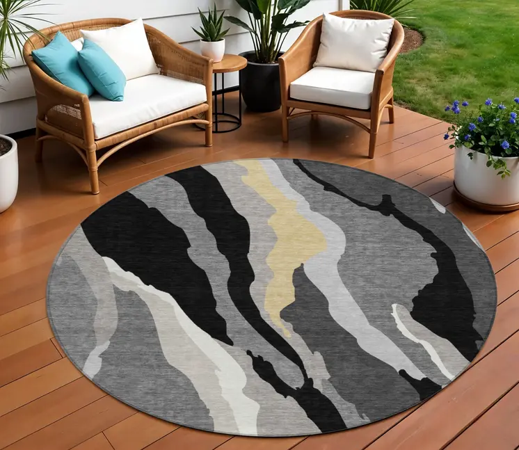 8' Black Gray And Tan Round Abstract Washable Indoor Outdoor Area Rug