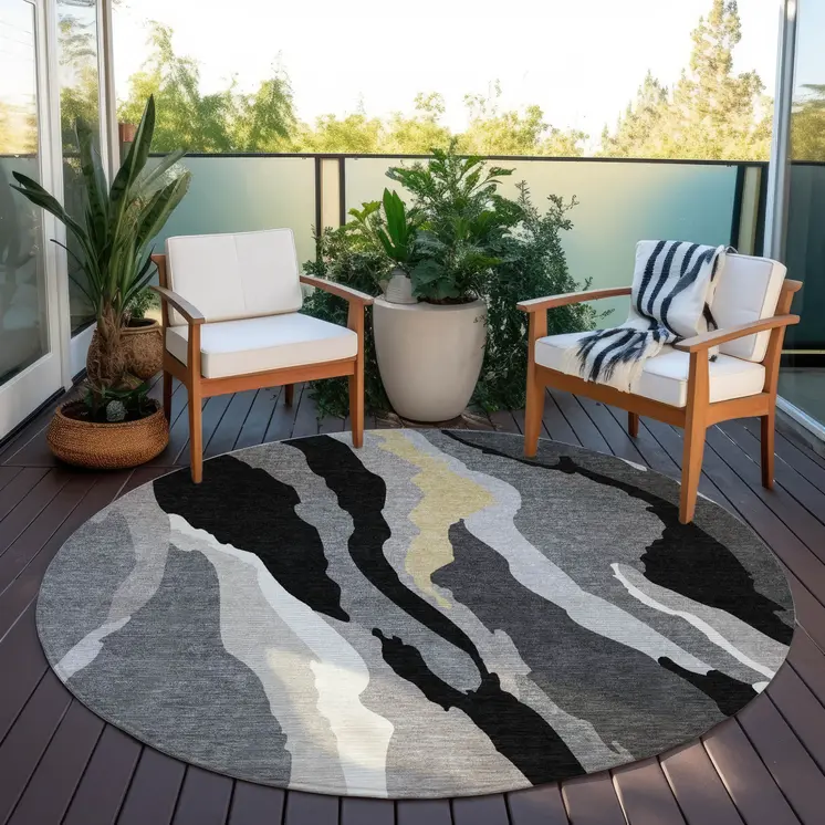 8' Black Gray And Tan Round Abstract Washable Indoor Outdoor Area Rug