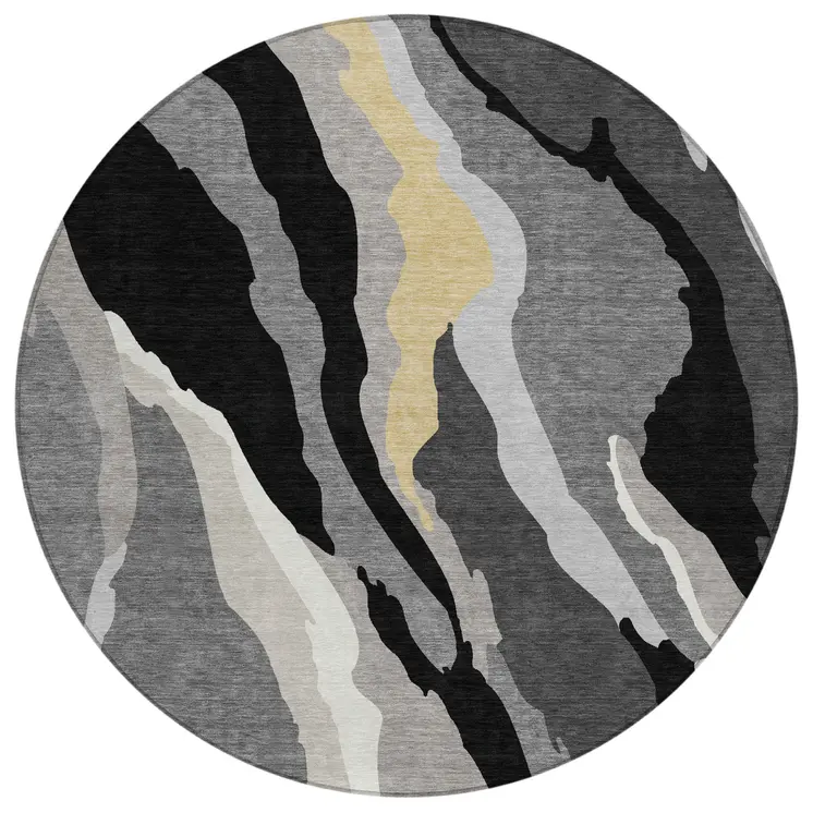 8' Black Gray And Tan Round Abstract Washable Indoor Outdoor Area Rug