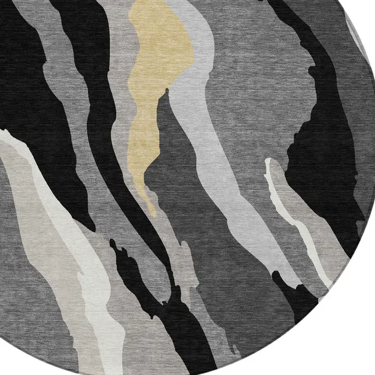 8' Black Gray And Tan Round Abstract Washable Indoor Outdoor Area Rug