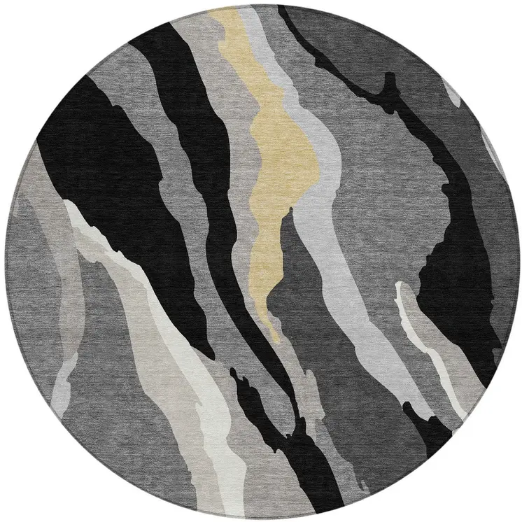 8' Black Gray And Tan Round Abstract Washable Indoor Outdoor Area Rug