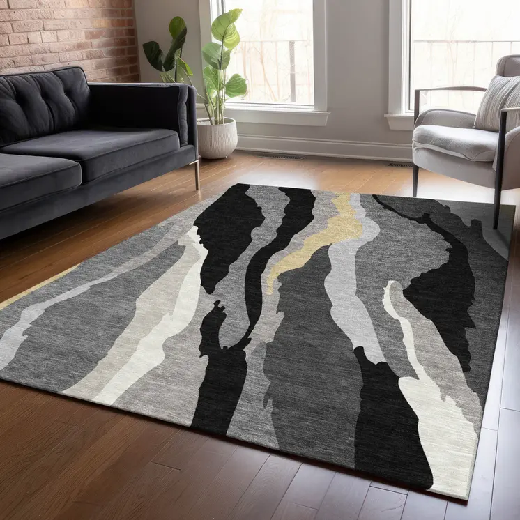 8' X 10' Black Gray And Tan Abstract Washable Indoor Outdoor Area Rug