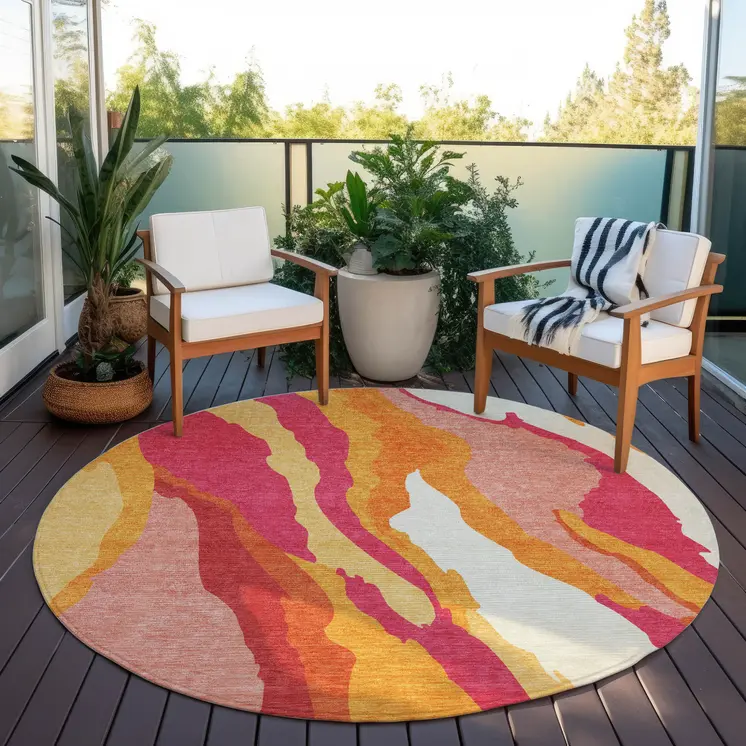8' Blush Copper And Ivory Round Abstract Washable Indoor Outdoor Area Rug