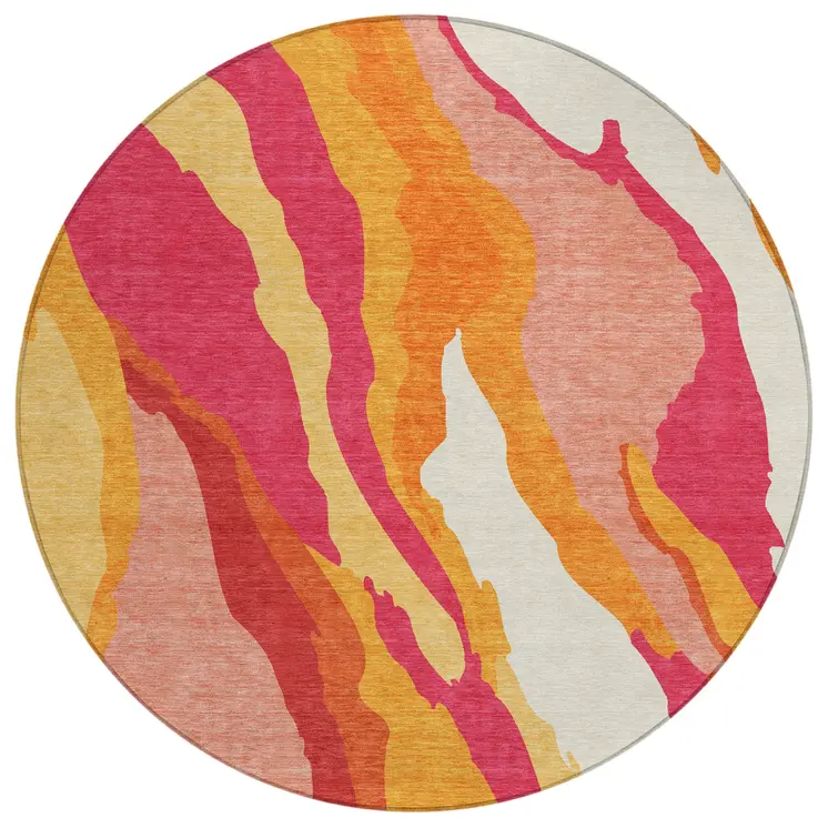 8' Blush Copper And Ivory Round Abstract Washable Indoor Outdoor Area Rug
