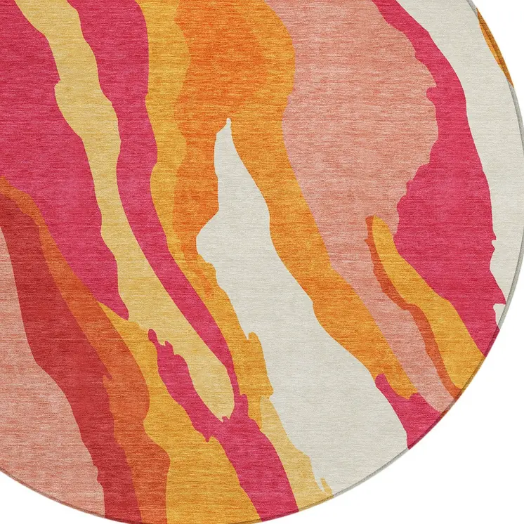 8' Blush Copper And Ivory Round Abstract Washable Indoor Outdoor Area Rug