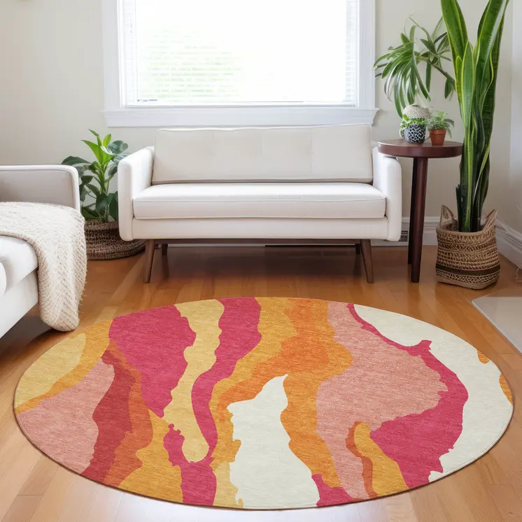 8' Blush Copper And Ivory Round Abstract Washable Indoor Outdoor Area Rug