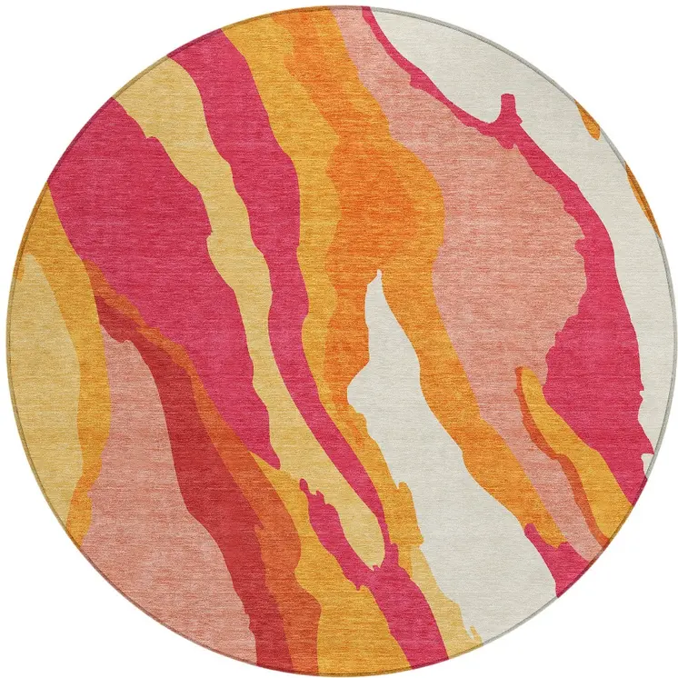 8' Blush Copper And Ivory Round Abstract Washable Indoor Outdoor Area Rug