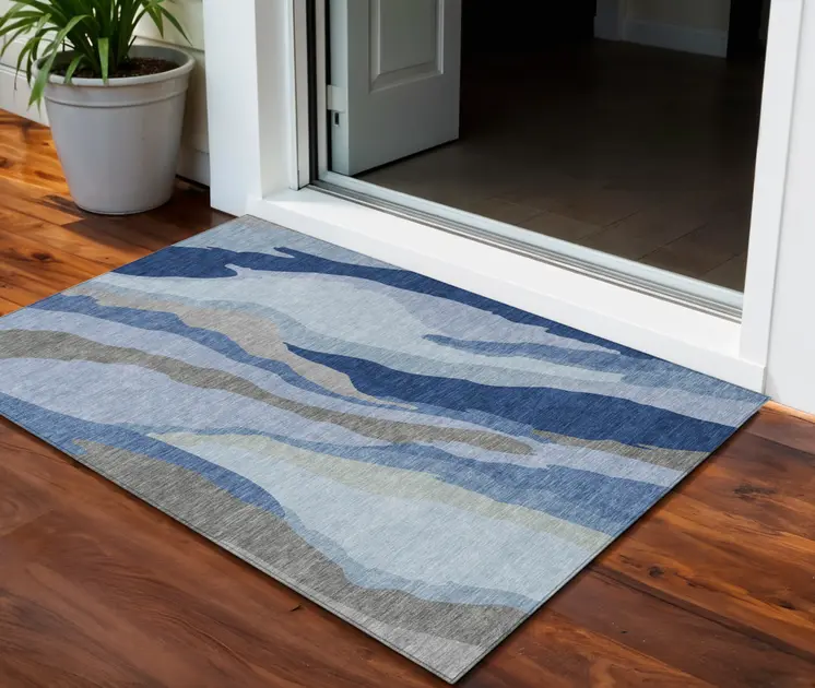 3' X 5' Blue Gray And Ivory Abstract Washable Indoor Outdoor Area Rug