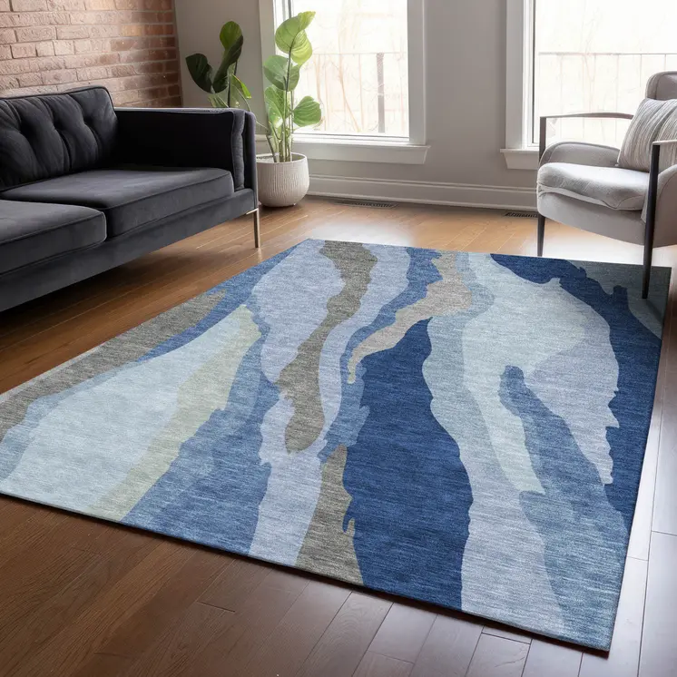 5' X 8' Blue Gray And Ivory Abstract Washable Indoor Outdoor Area Rug