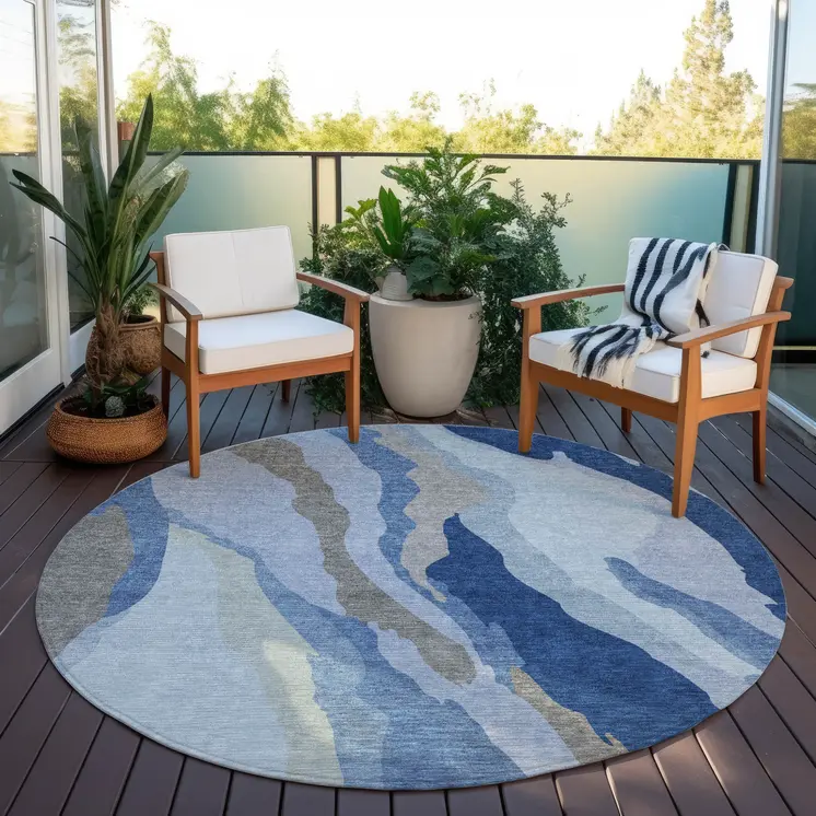 8' Blue Gray And Ivory Round Abstract Washable Indoor Outdoor Area Rug