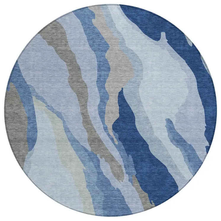 8' Blue Gray And Ivory Round Abstract Washable Indoor Outdoor Area Rug